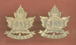 Canadian 13th Mounted Rifles WW1 CEF collar badges