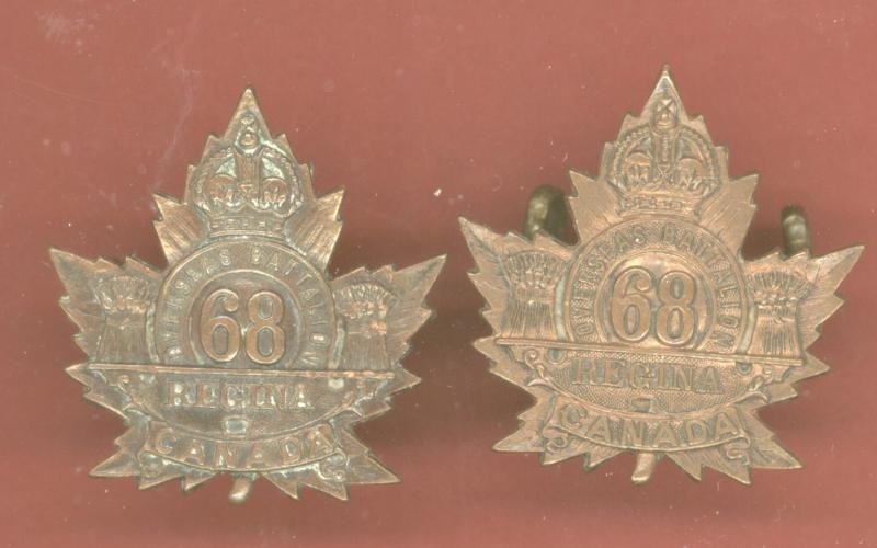 Canadian 68th Regina Saskatchewan Bn. WW1 CEF collar badges
