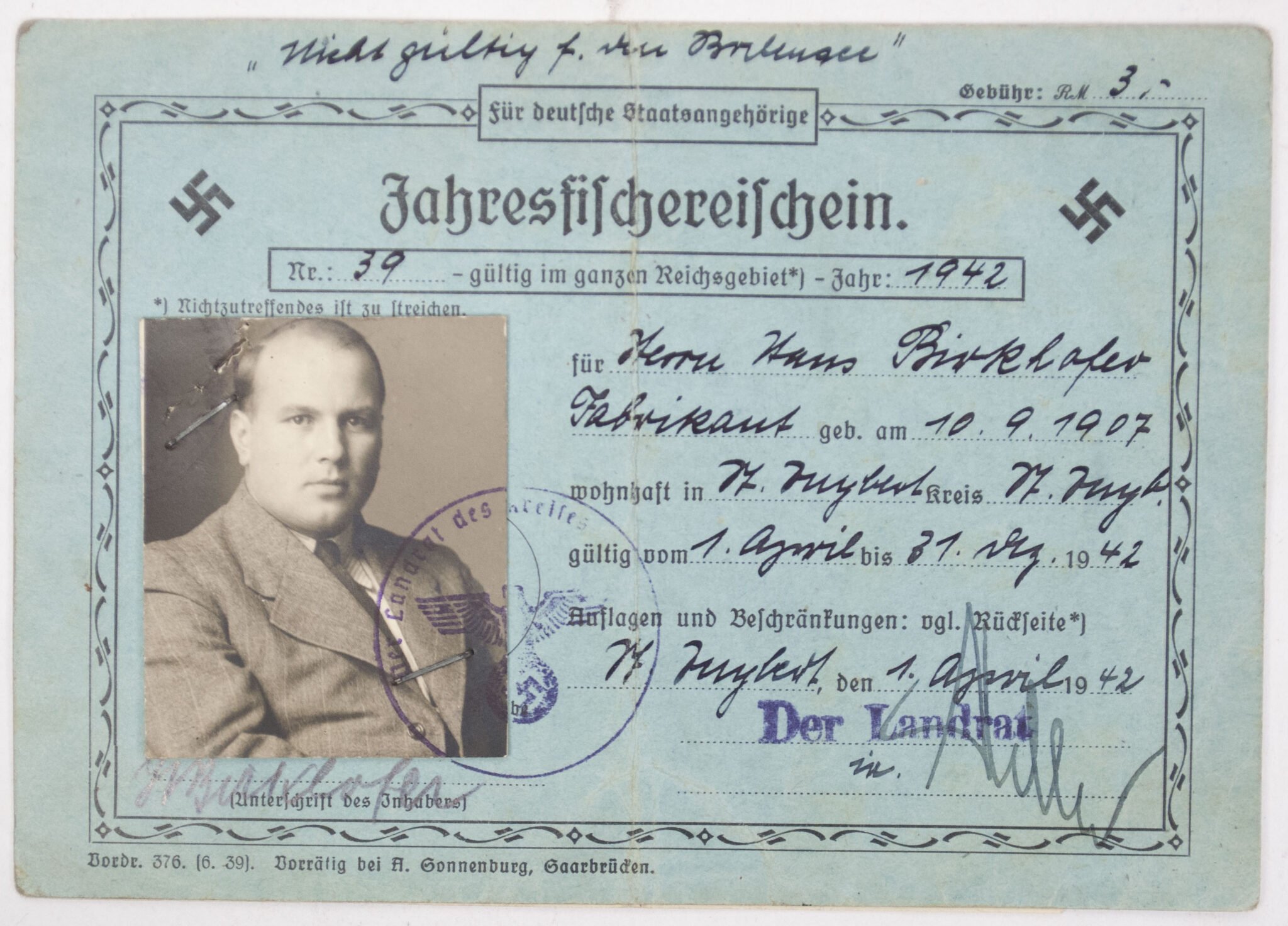 2x Jahresfischerschein from the same owner (1939 + 1942) from St. Ingbert — image 4