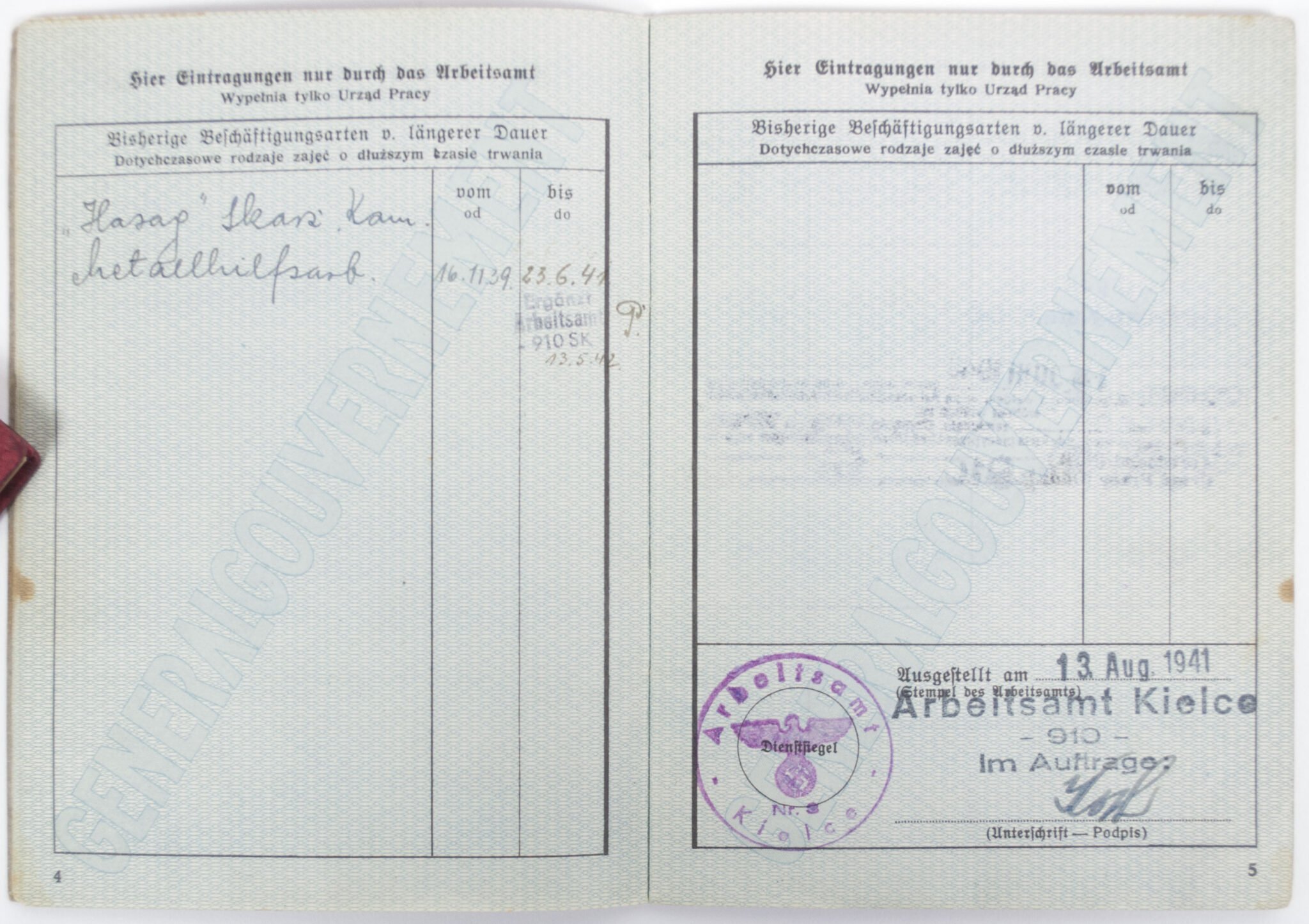 Generalgouvernement Arbeitsbuch / Arbeitskarte / Karta Pracy – Arbeitsamt Kielce (1941) — image 5