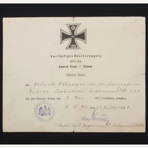 WWI Verläufiges Besitzzeugnis Eiserne Kreuz II Klasse (EK2)