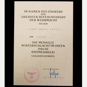 Medaille Winterschlacht im Osten / Ostmedaille Urkunde (1942) with Feldpostnummer …