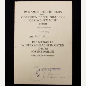 Medaille Winterschlacht im Osten / Ostmedaille Urkunde Gren.-Ers.-Btl.107 (1942)