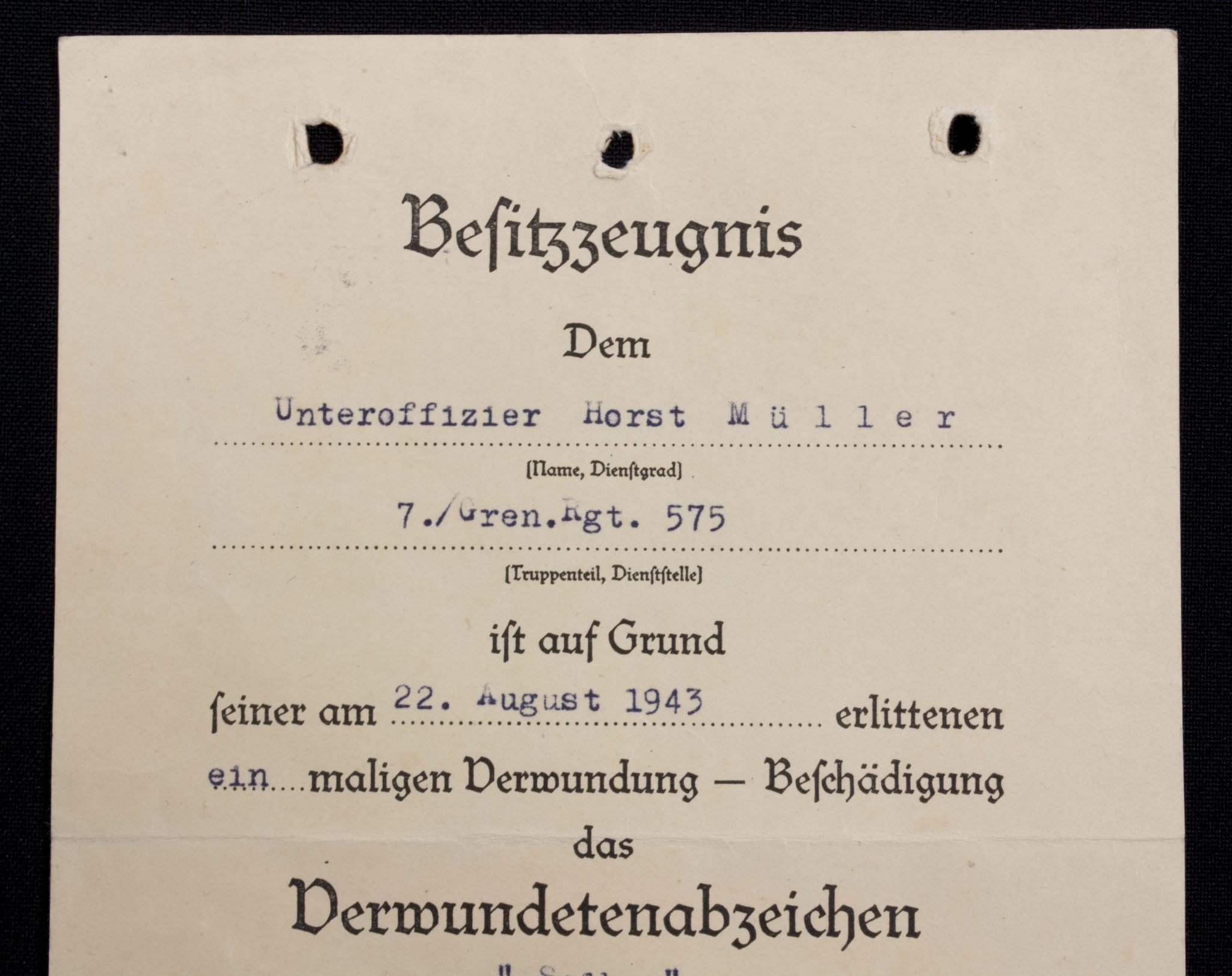 Besitzzeugnis Verwundetenabzeichen in Silber (1943) — image 2