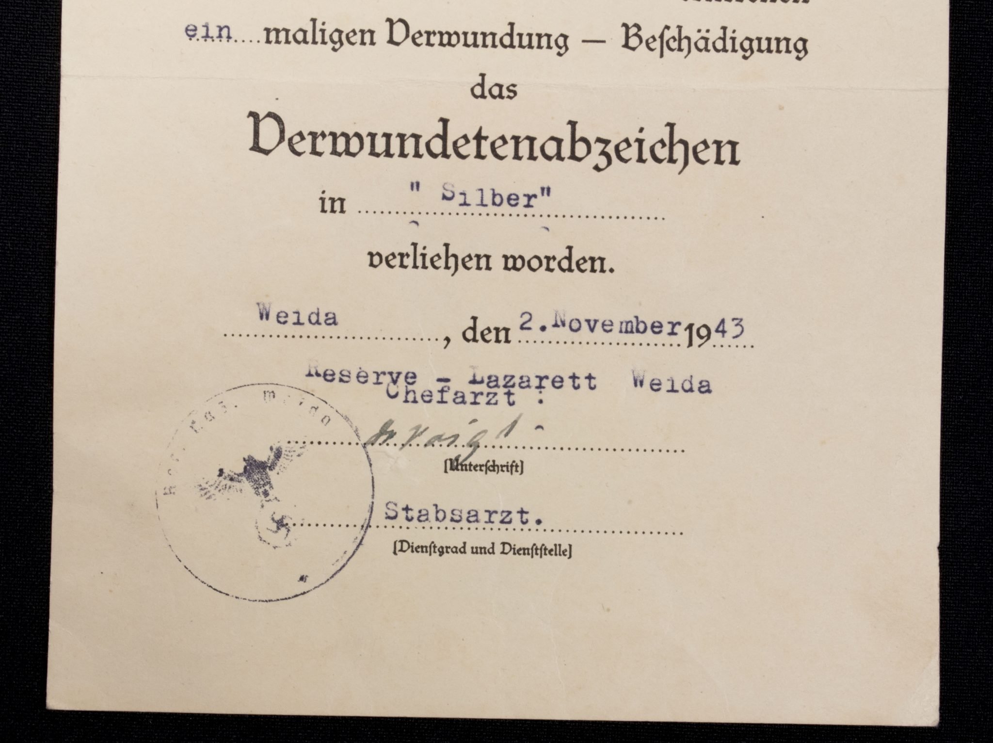 Besitzzeugnis Verwundetenabzeichen in Silber (1943) — image 3