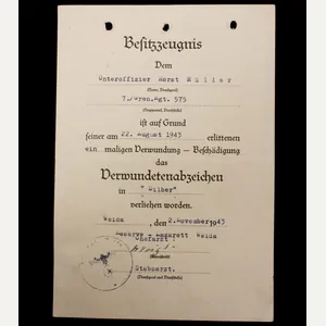 Besitzzeugnis Verwundetenabzeichen in Silber (1943)