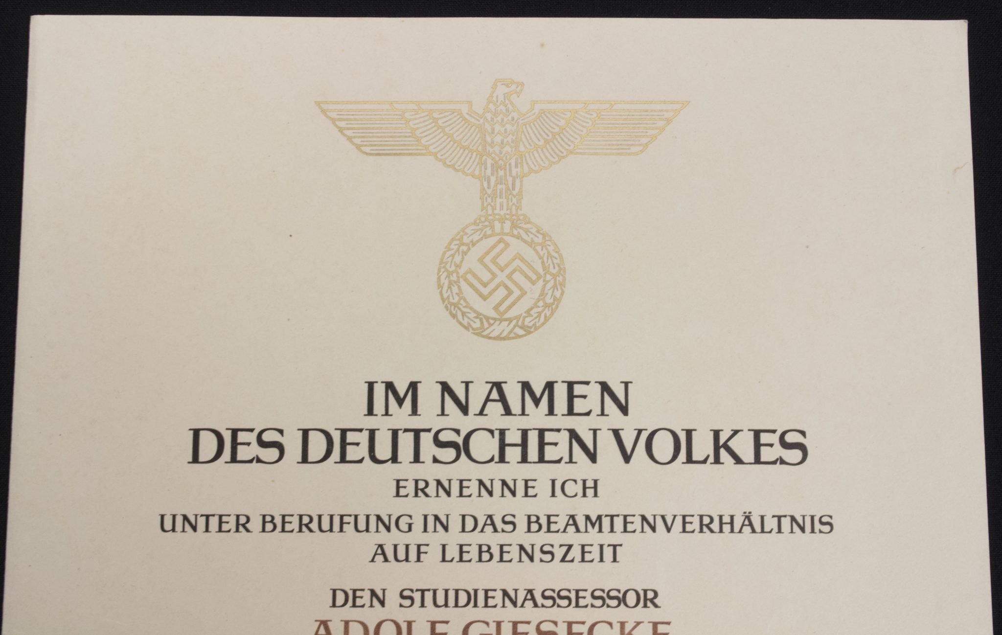 Promotional document (Ernennungsurkunde) Studienassessor Adolf Giesecke signed Führer Hauptquartier 1942 — image 2