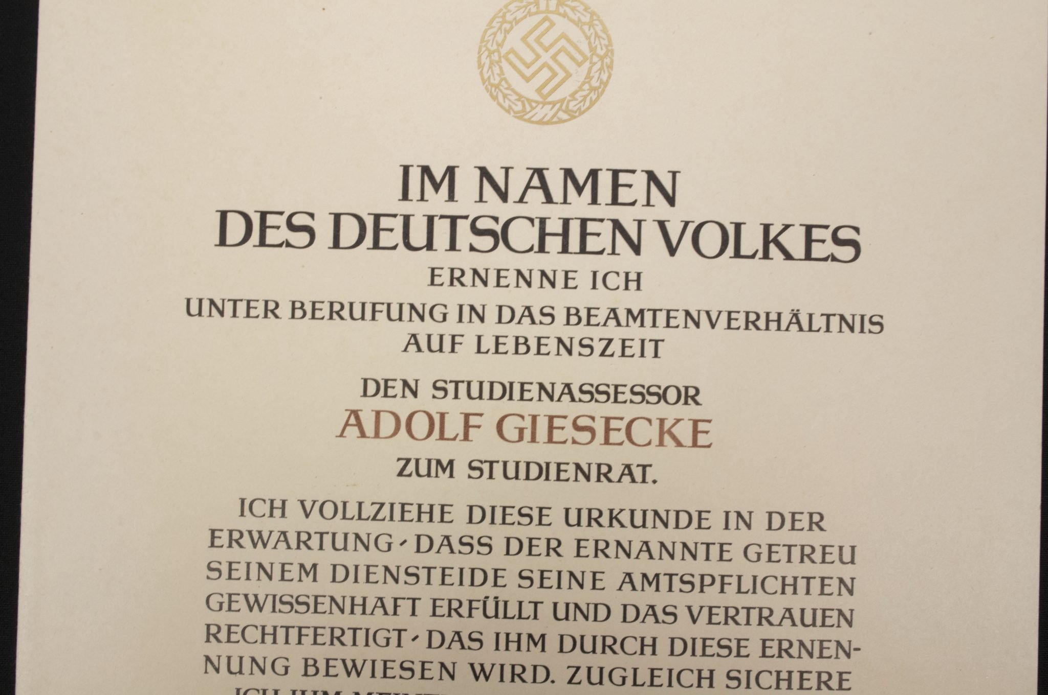 Promotional document (Ernennungsurkunde) Studienassessor Adolf Giesecke signed Führer Hauptquartier 1942 — image 5