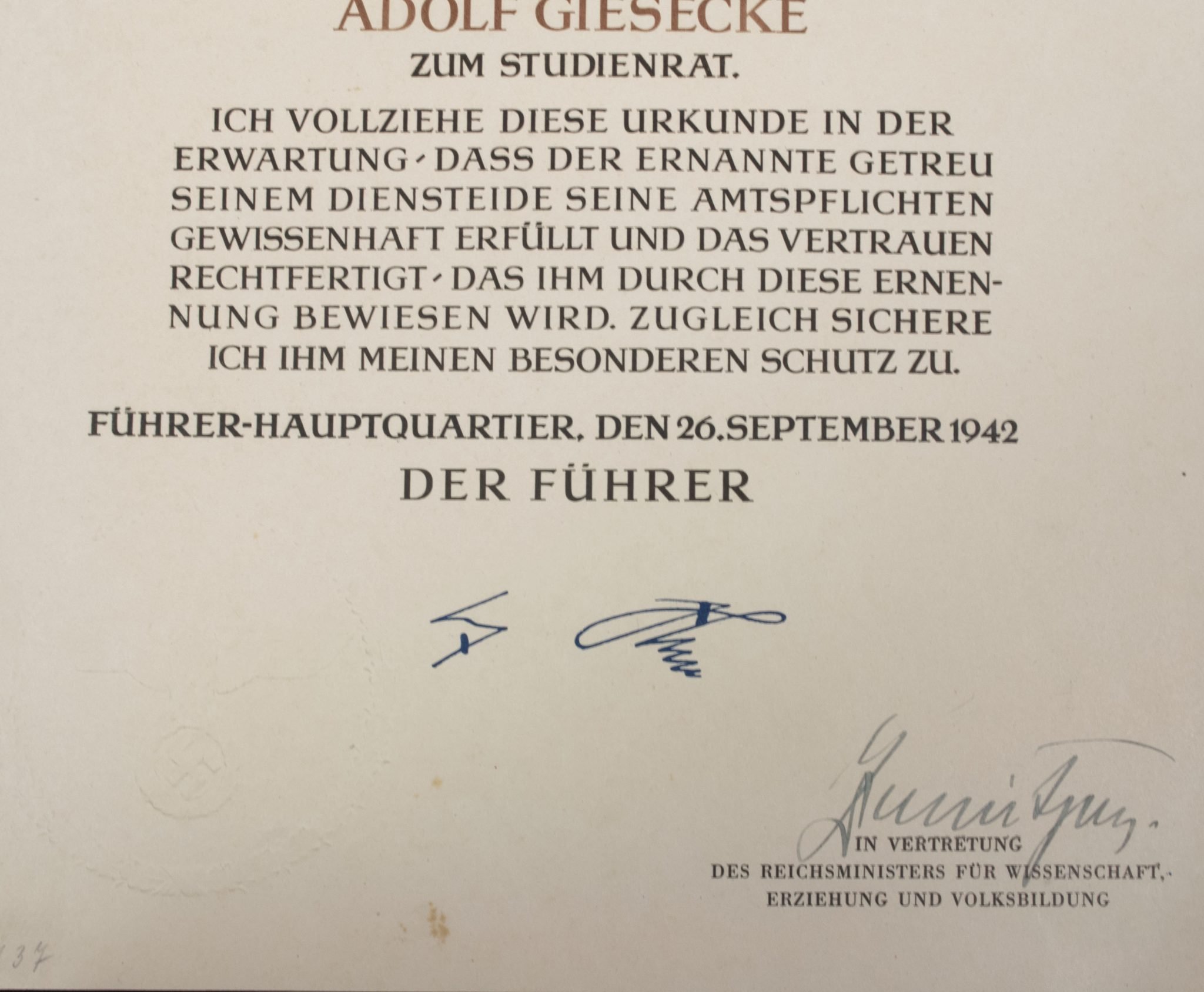 Promotional document (Ernennungsurkunde) Studienassessor Adolf Giesecke signed Führer Hauptquartier 1942 — image 6