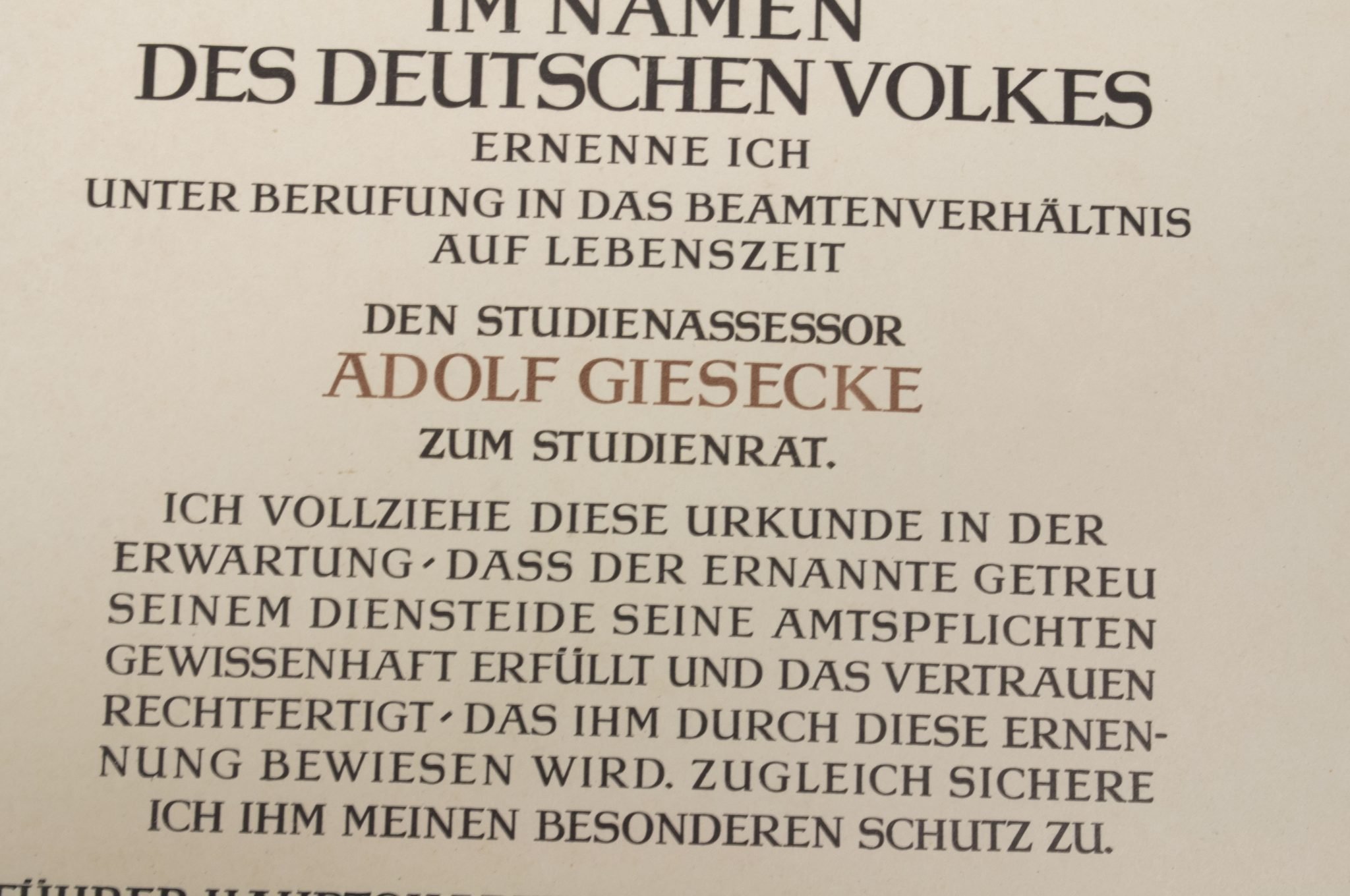 Promotional document (Ernennungsurkunde) Studienassessor Adolf Giesecke signed Führer Hauptquartier 1942 — image 7