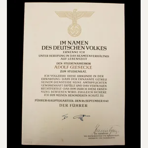 Promotional document (Ernennungsurkunde) Studienassessor Adolf Giesecke signed Führer Hauptquartier 1942