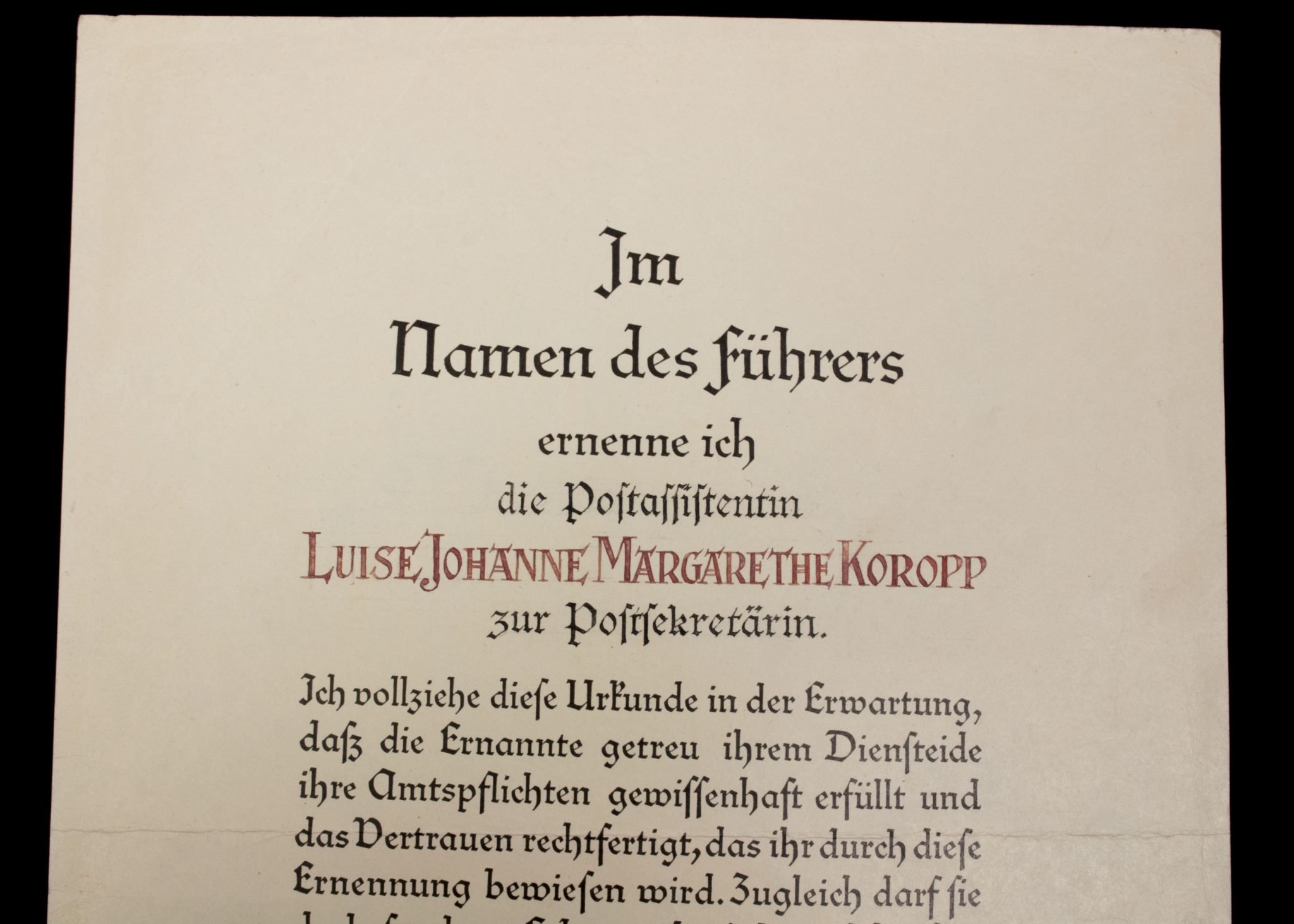 Promotional document (Ernennungsurkunde) Postsekretärin, Berlin 1944 — image 2