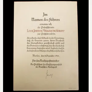 Promotional document (Ernennungsurkunde) Postsekretärin, Berlin 1944