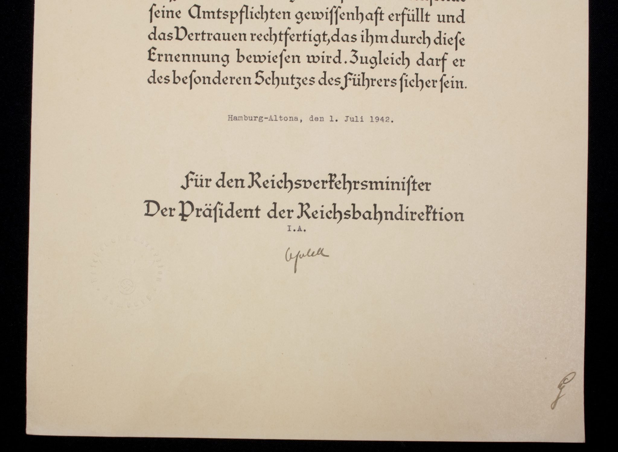 Promotional document (Ernennungsurkunde) Reichsbahninspektor, Hamburg-Altona (1942) — image 6