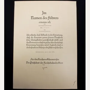 Promotional document (Ernennungsurkunde) Reichsbahninspektor, Hamburg-Altona (1942)