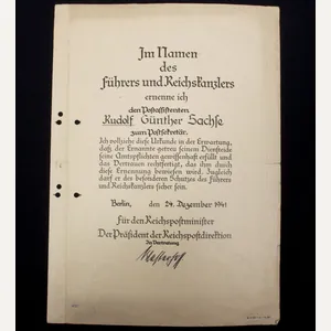 Promotional document (Ernennungsurkunde) Postsekretär, Berlin 1941