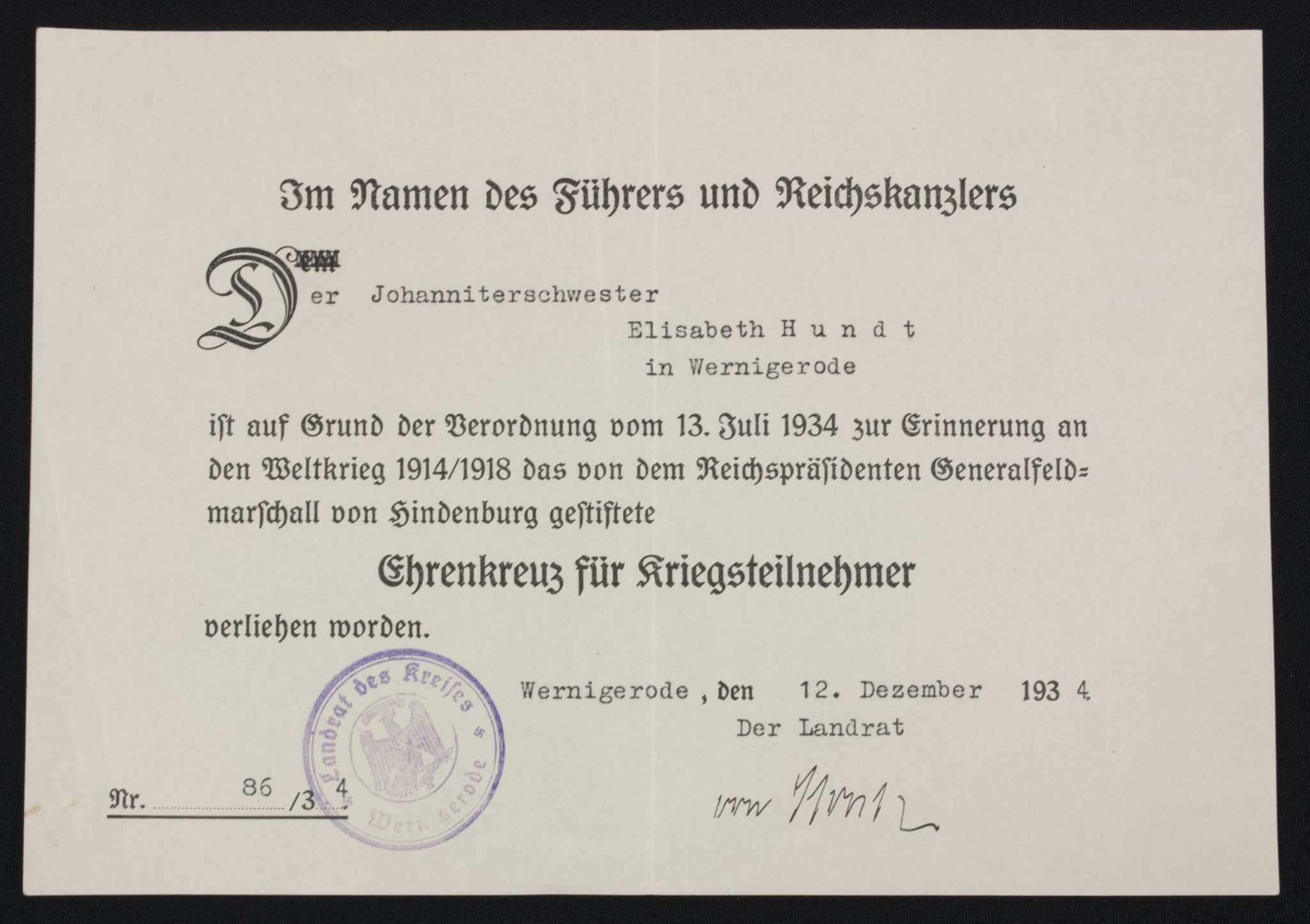 Ehrenkreuz für Kriegsteilnehmer + citation (Johanniterschwester) — image 3