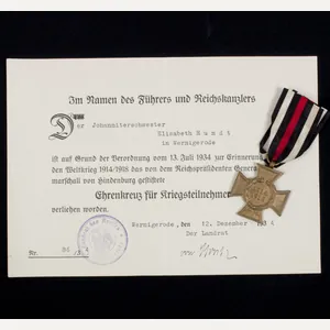 Ehrenkreuz für Kriegsteilnehmer + citation (Johanniterschwester)