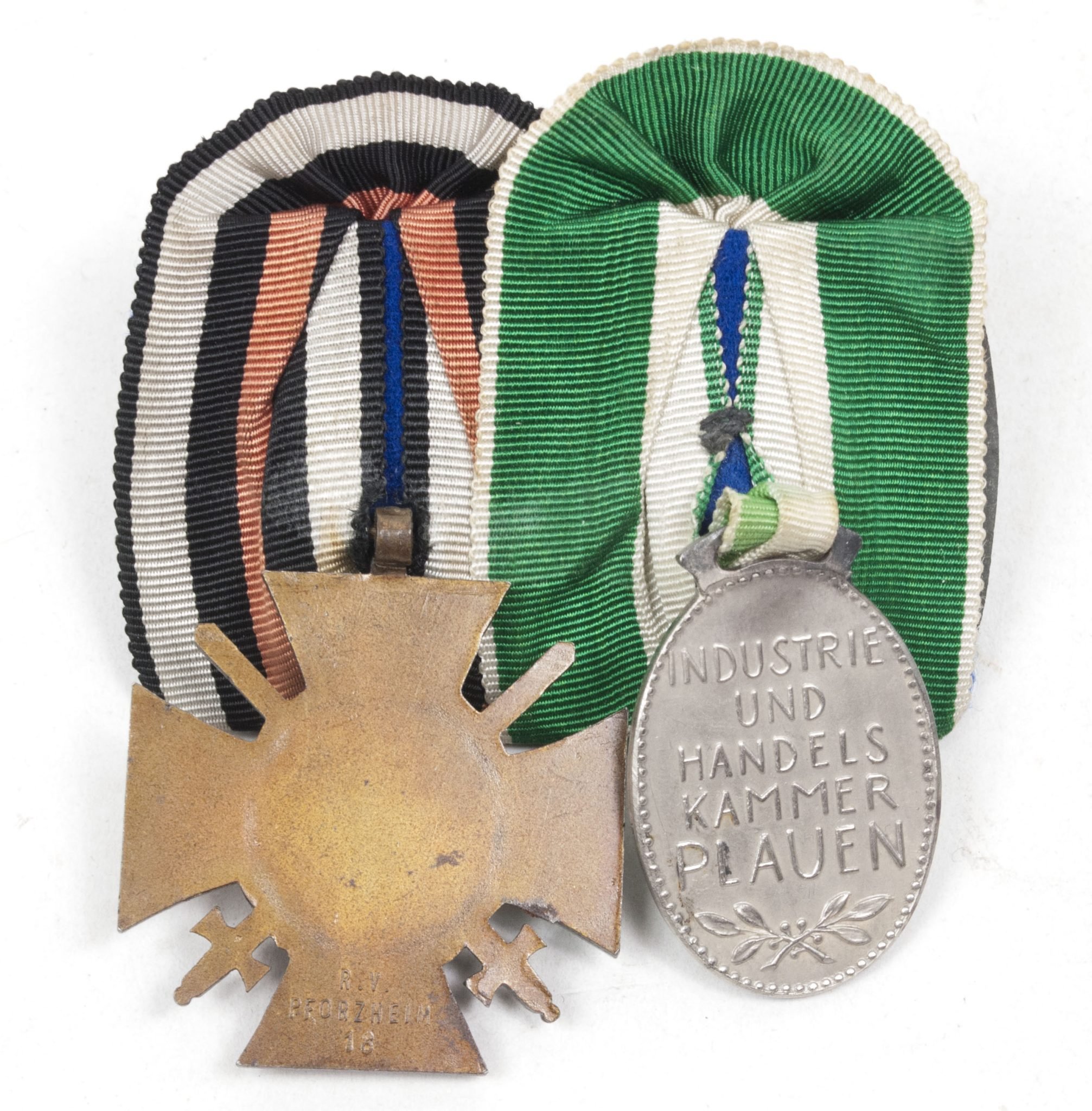 German medalbar with silver(!) Industrie und Handelskammer Plauen medal by Karl Goetz + Frontkämpfer Ehrenkreuz – Rare — image 10