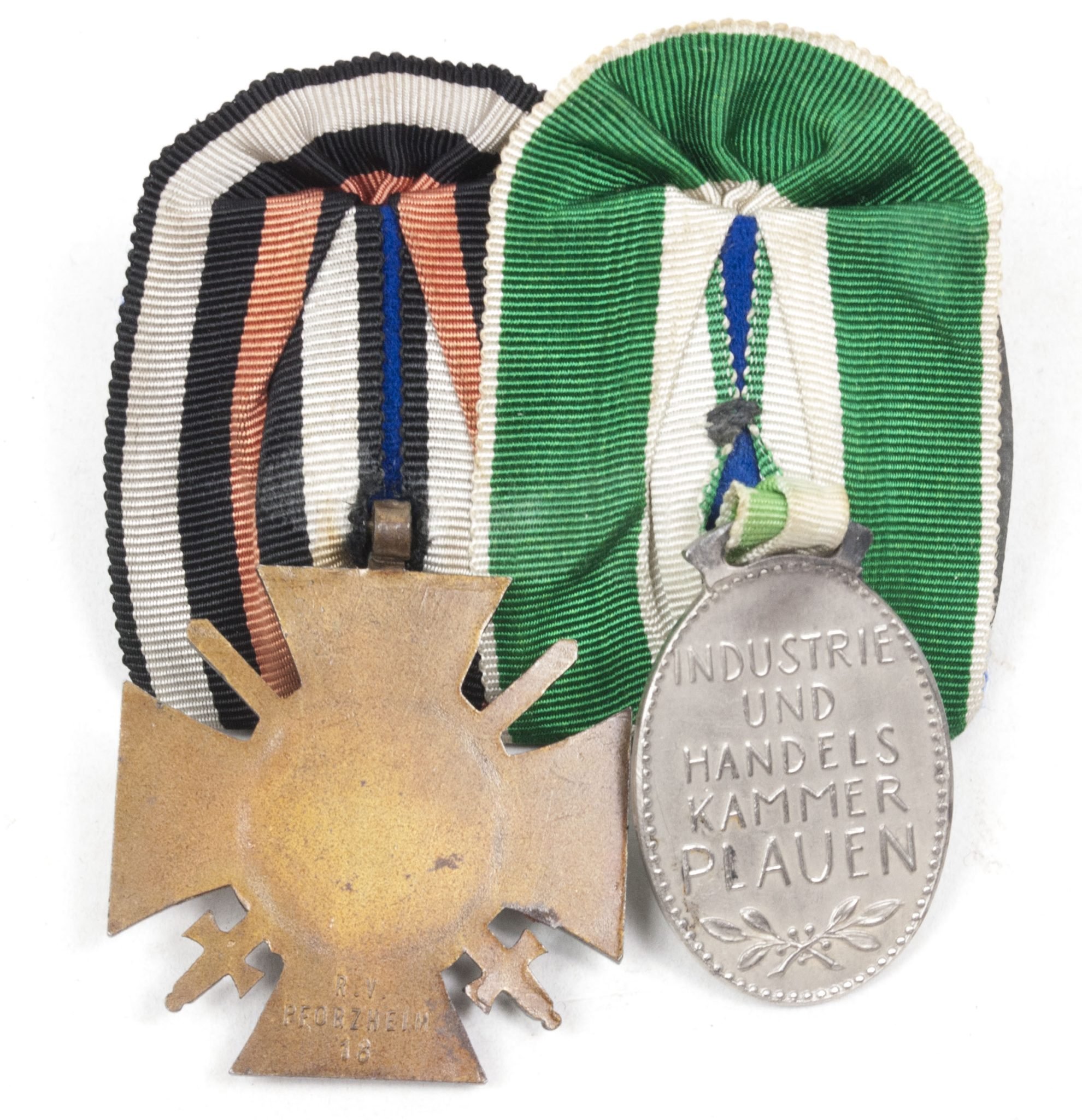 German medalbar with silver(!) Industrie und Handelskammer Plauen medal by Karl Goetz + Frontkämpfer Ehrenkreuz – Rare — image 11