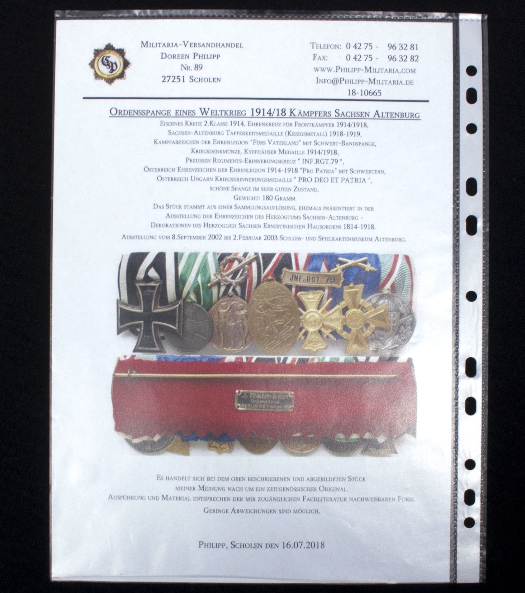 Sachsen-Altenburg large medalbar with EK2, Tapferkeitsmedaille, Ehrenlegion medal, Kyffhäuser medaille, Regiments Erinnerungskreuz, Ehrenlegion kreuz, Kriegserinnerungsmedaille (maker J. Reimann Berlin) — image 2