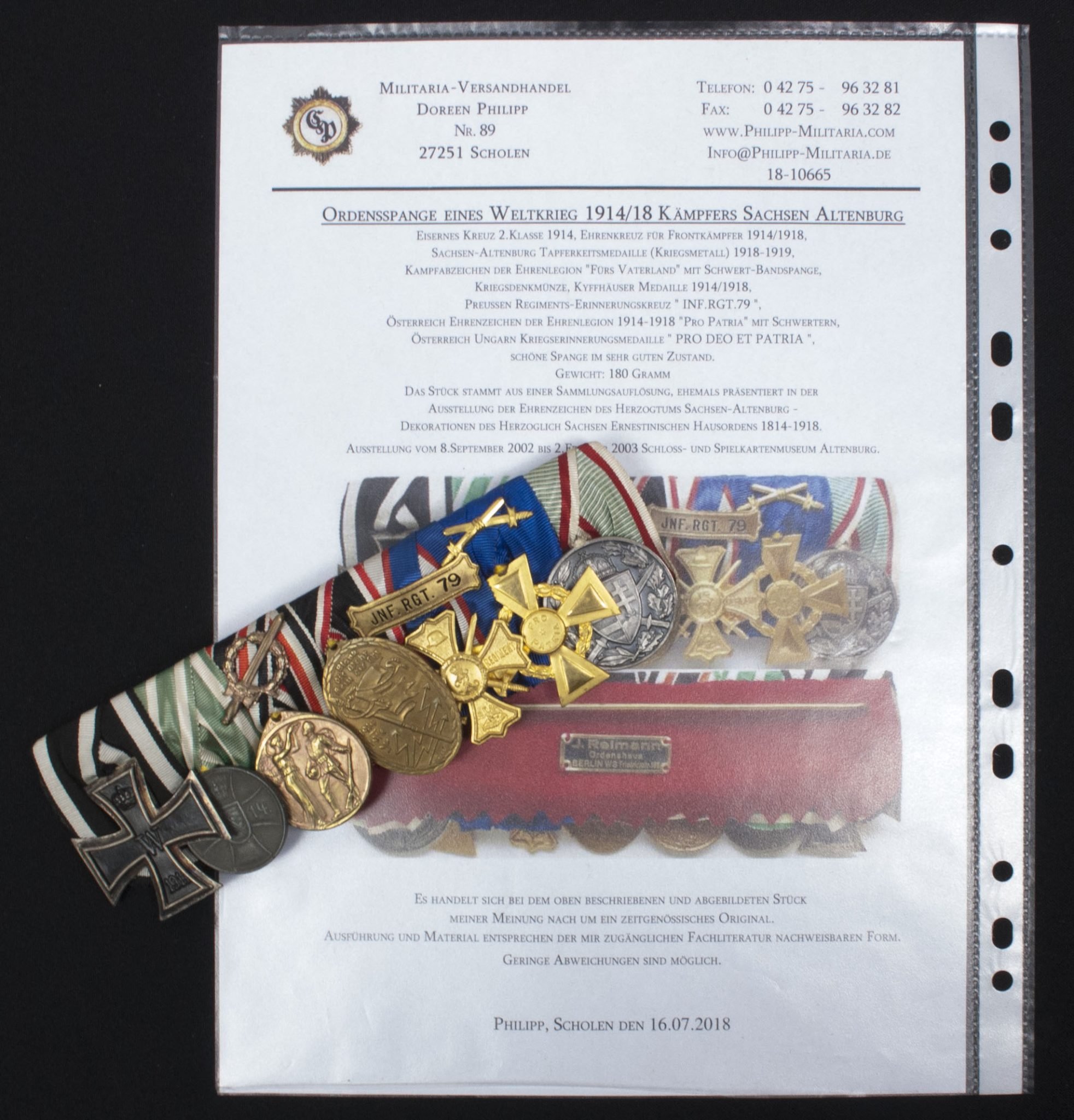 Sachsen-Altenburg large medalbar with EK2, Tapferkeitsmedaille, Ehrenlegion medal, Kyffhäuser medaille, Regiments Erinnerungskreuz, Ehrenlegion kreuz, Kriegserinnerungsmedaille (maker J. Reimann Berlin) — image 23