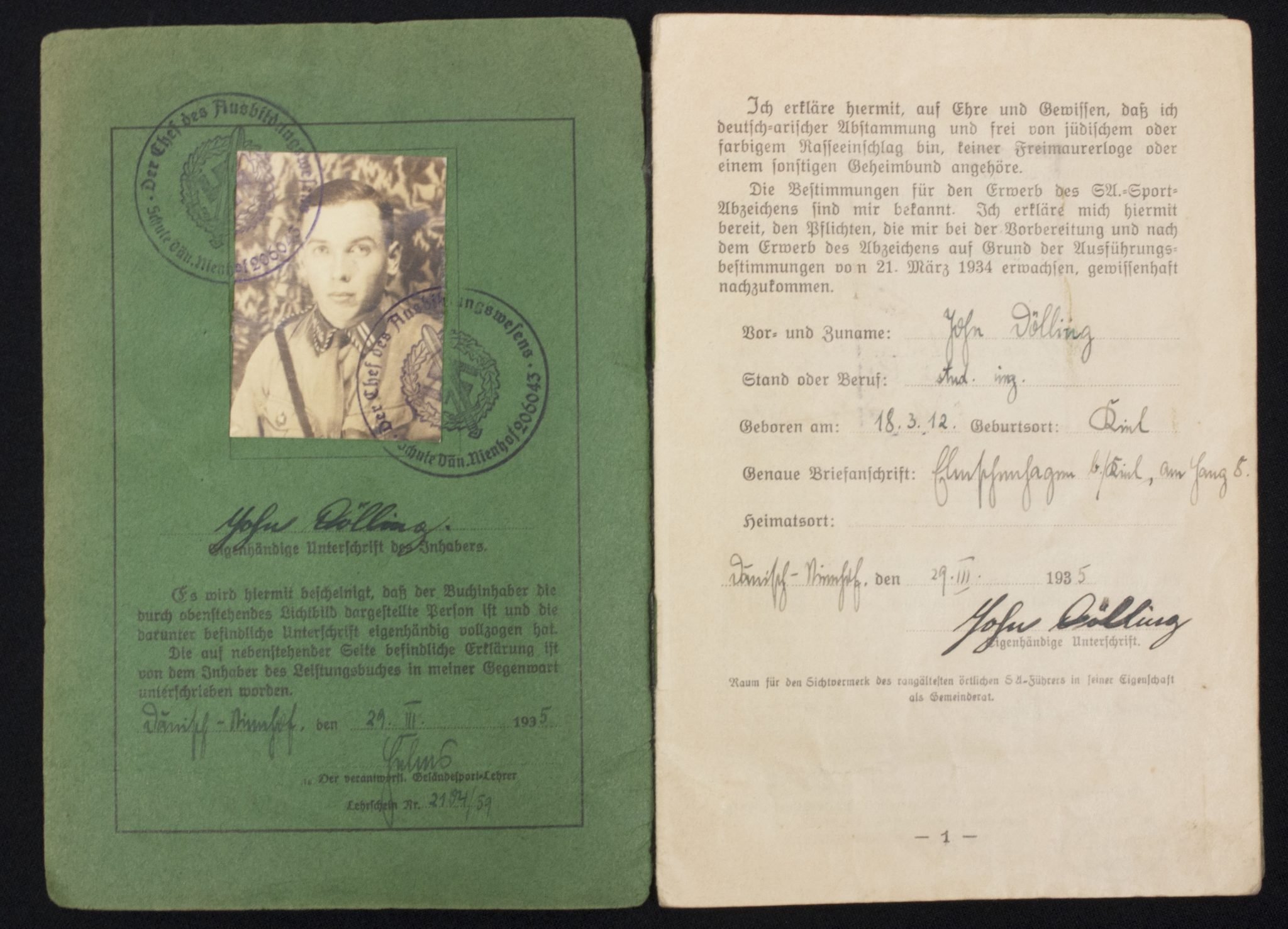 SA Sportabzeichen – Leistungsbuch with passphoto – April 1934 — image 3