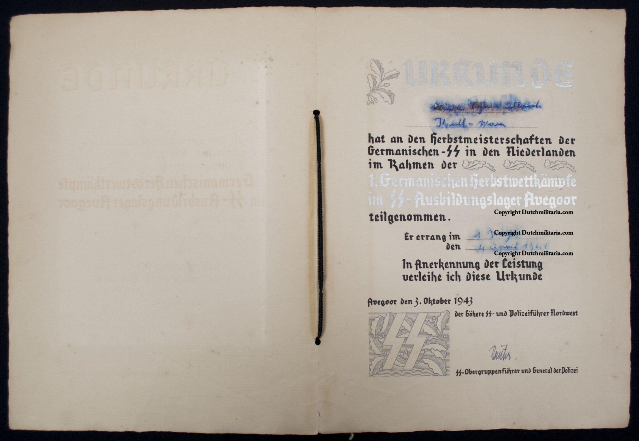 Dutch SS / Germaansche SS : Urkunde SS-Ausbildungslager Avegoor with original Rauter signature (Extremely rare!!!) — image 10