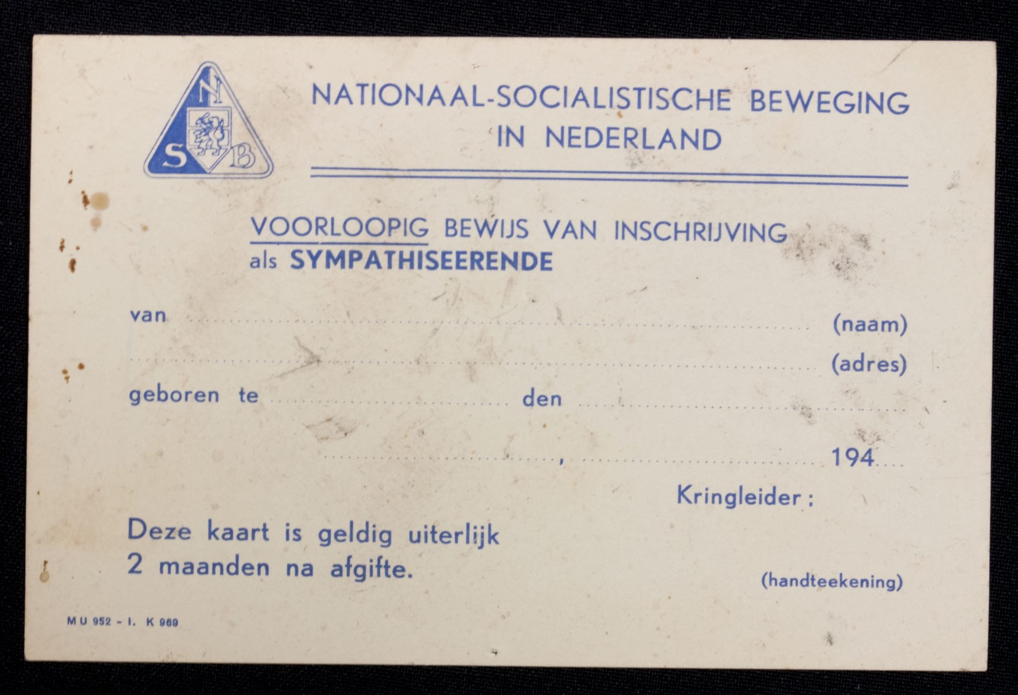 (NSB) Voorloopig bewijs van inschrijving als Sympathiseerende (Sympathisers membercard) – very rare — image 3