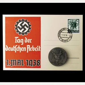 Postcard: Tag der Deutschen Arbeit 1938 + badge
