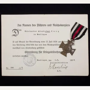 Ehrenkreuz für Kriegsteilnehmer + Citation (Esslingen)