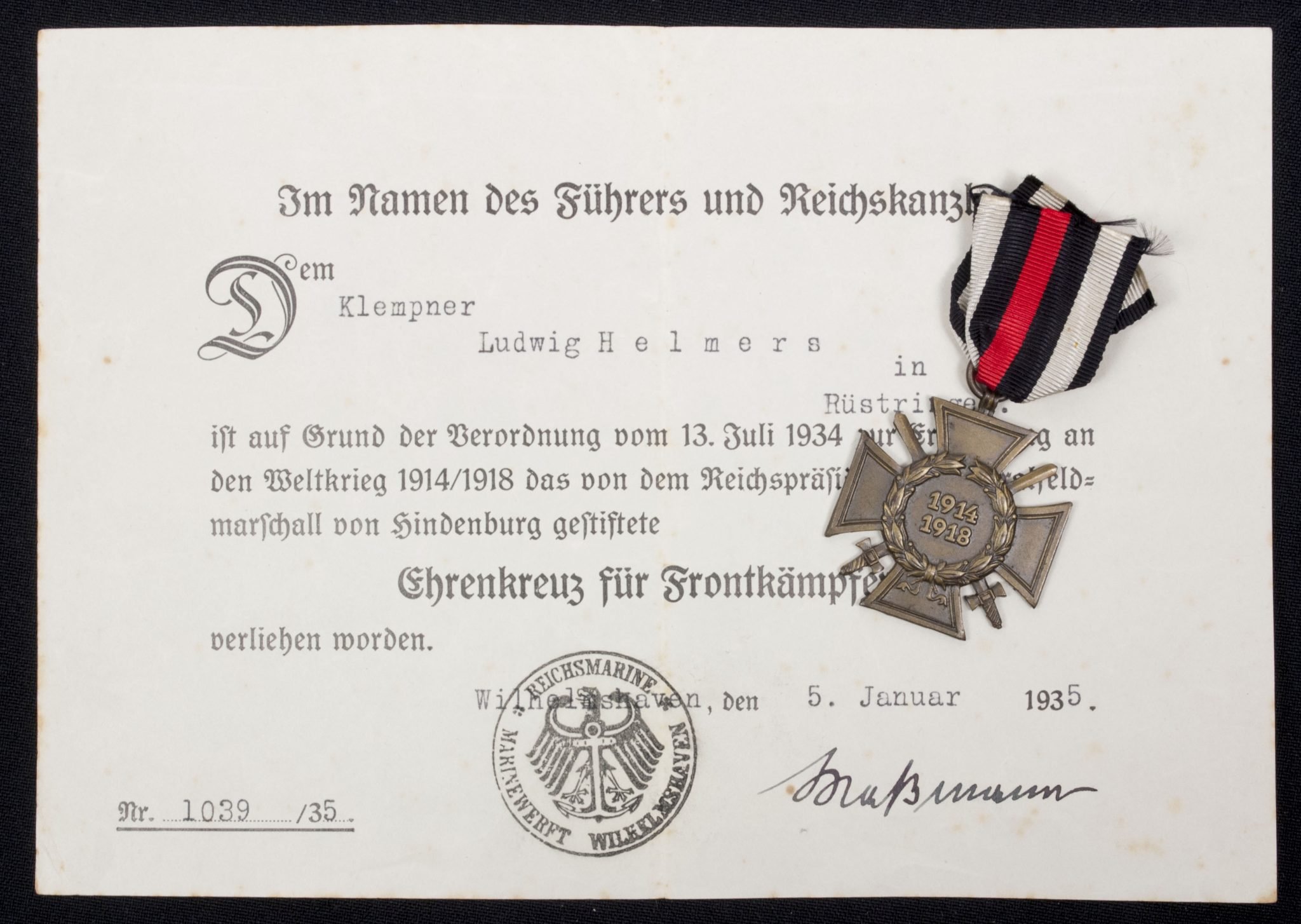 Ehrenkreuz für Frontkämpfer + Citation (Rüstringen) — image 2