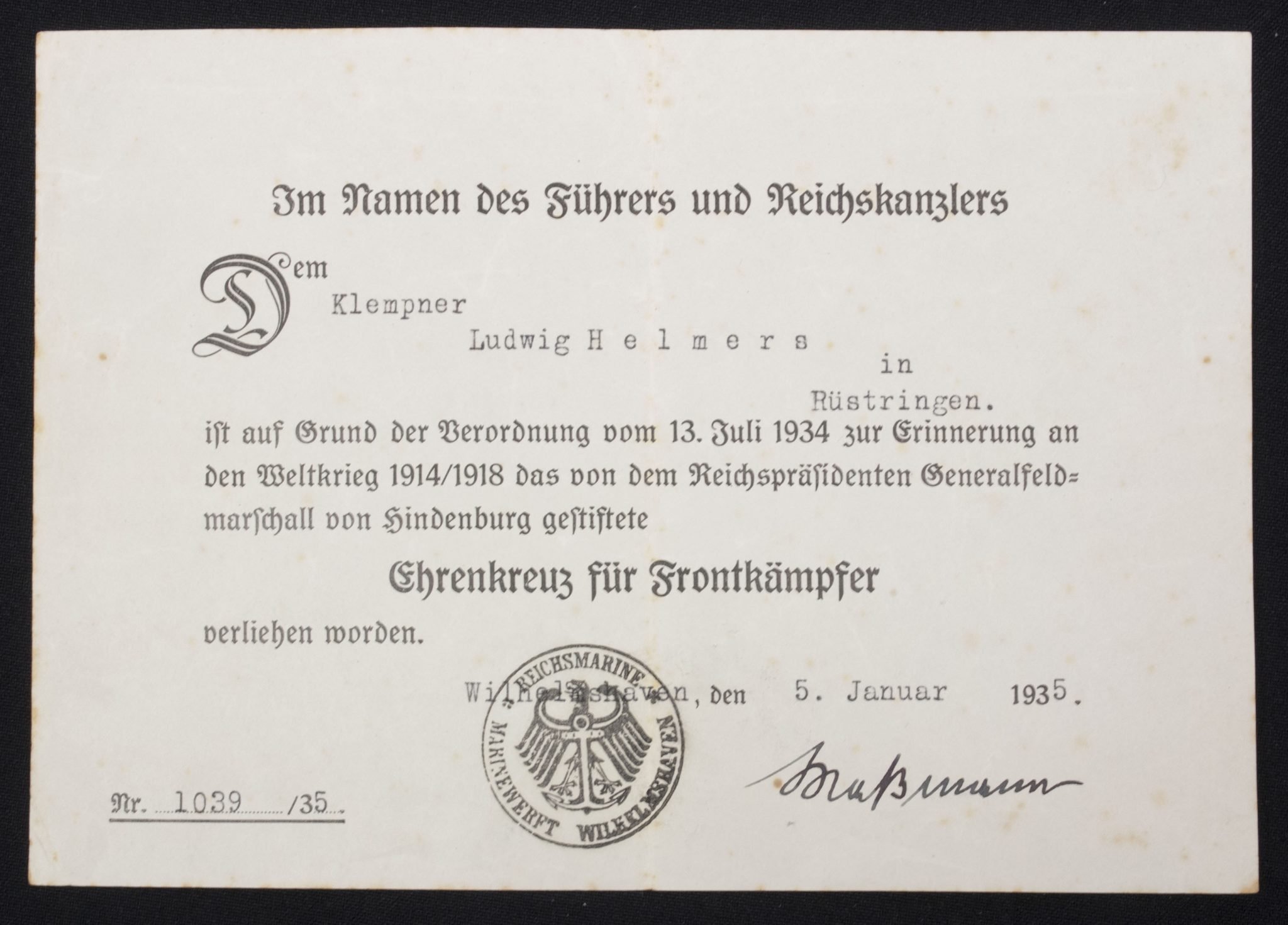Ehrenkreuz für Frontkämpfer + Citation (Rüstringen) — image 3