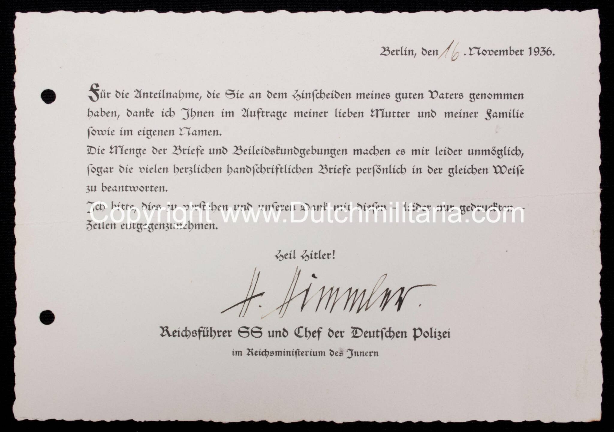 Reichsführer SS Heinrich Himmler original autograph on thank card for sympathy because of his fathers funeral (1936) – RARE — image 3