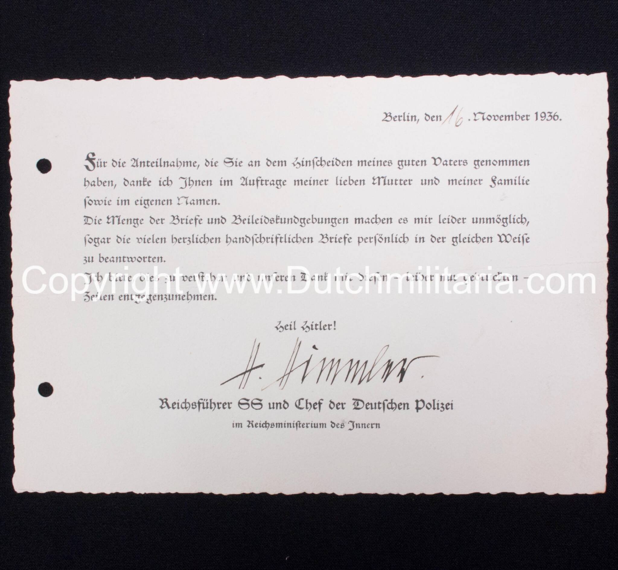 Reichsführer SS Heinrich Himmler original autograph on thank card for sympathy because of his fathers funeral (1936) – RARE — image 4