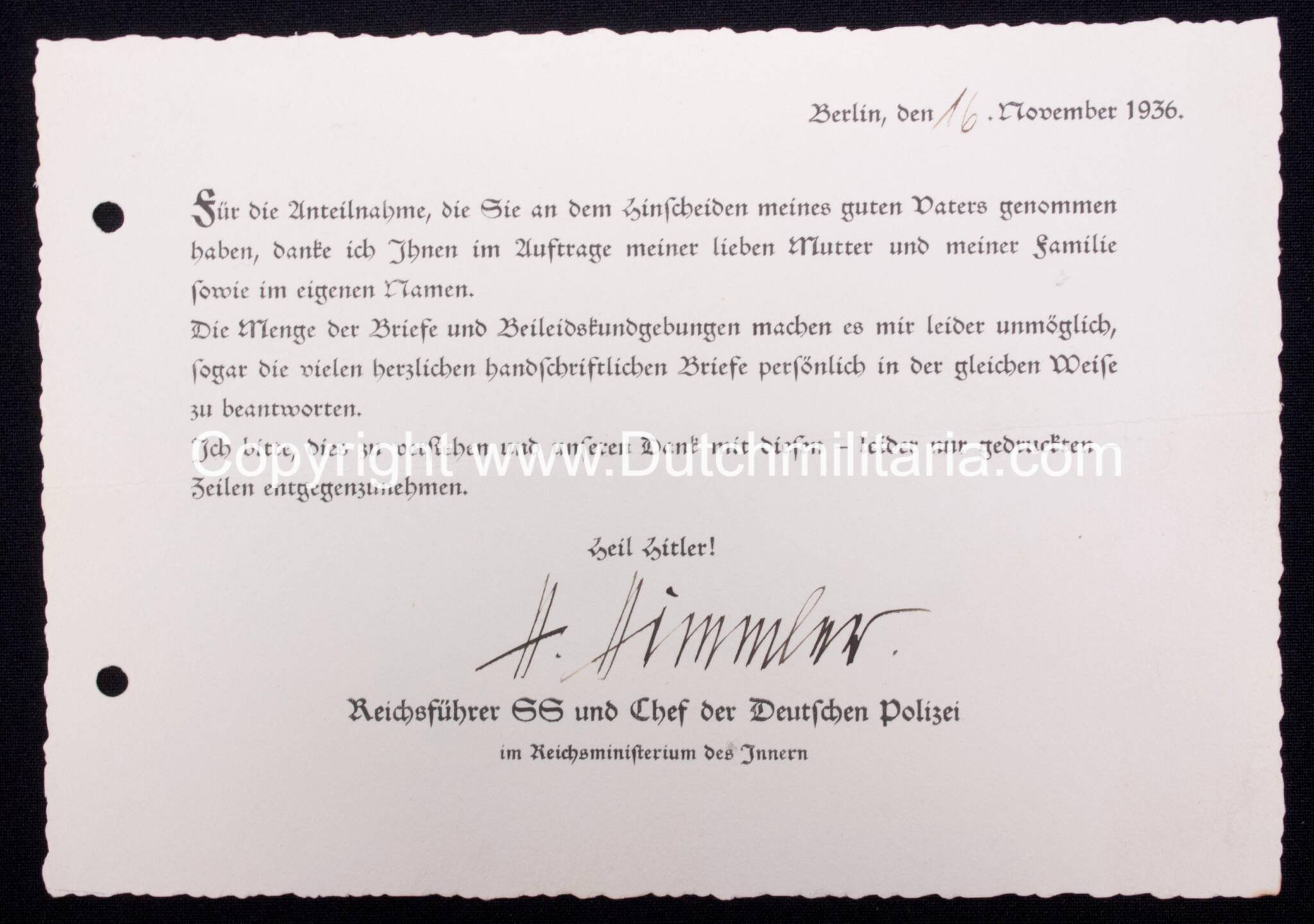 Reichsführer SS Heinrich Himmler original autograph on thank card for sympathy because of his fathers funeral (1936) – RARE — image 5