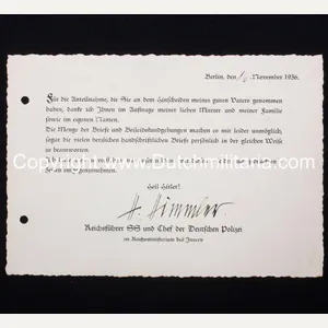 Reichsführer SS Heinrich Himmler original autograph on thank card for …