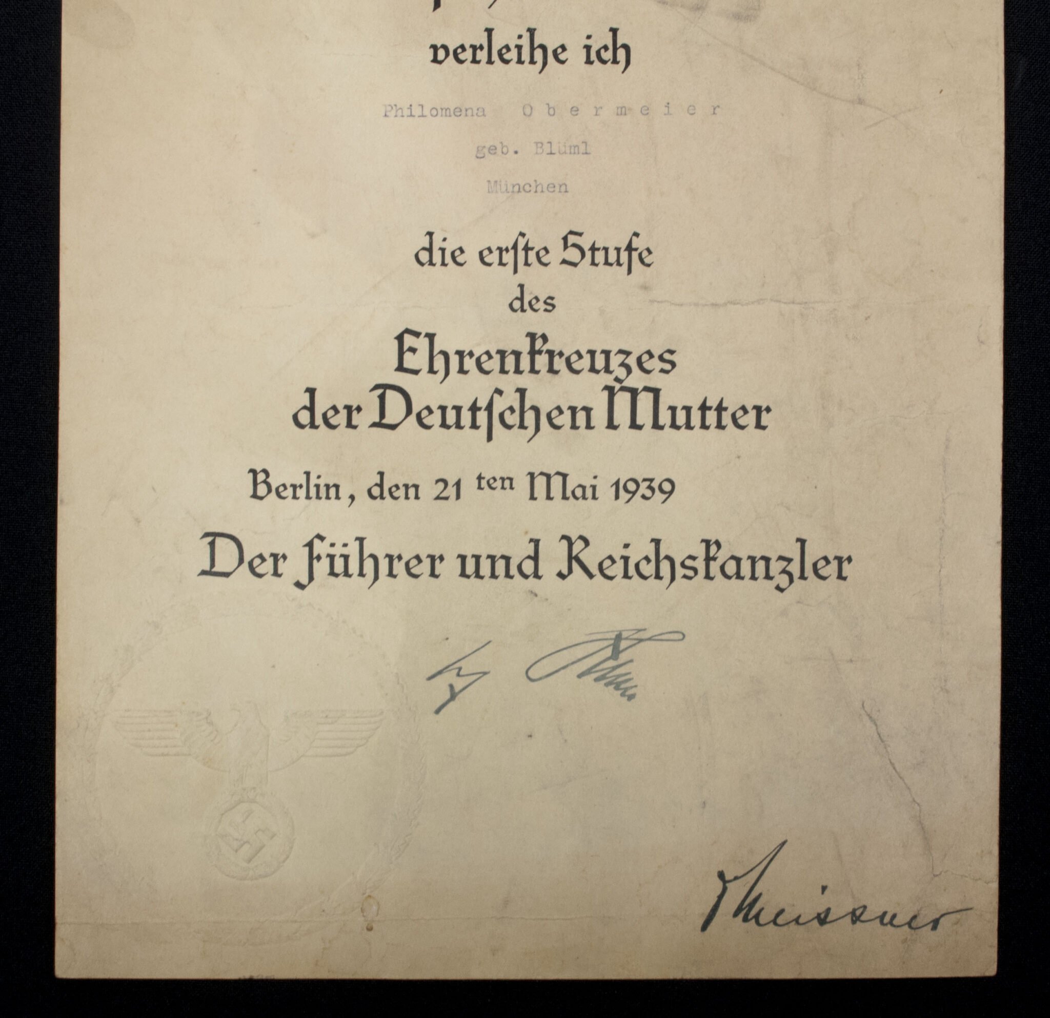 Mutterkreuz erste Stufe Urkunde / Motherscross first Class citation – 21ten Mai 1939 variation — image 3