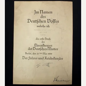 Mutterkreuz erste Stufe Urkunde / Motherscross first Class citation – …