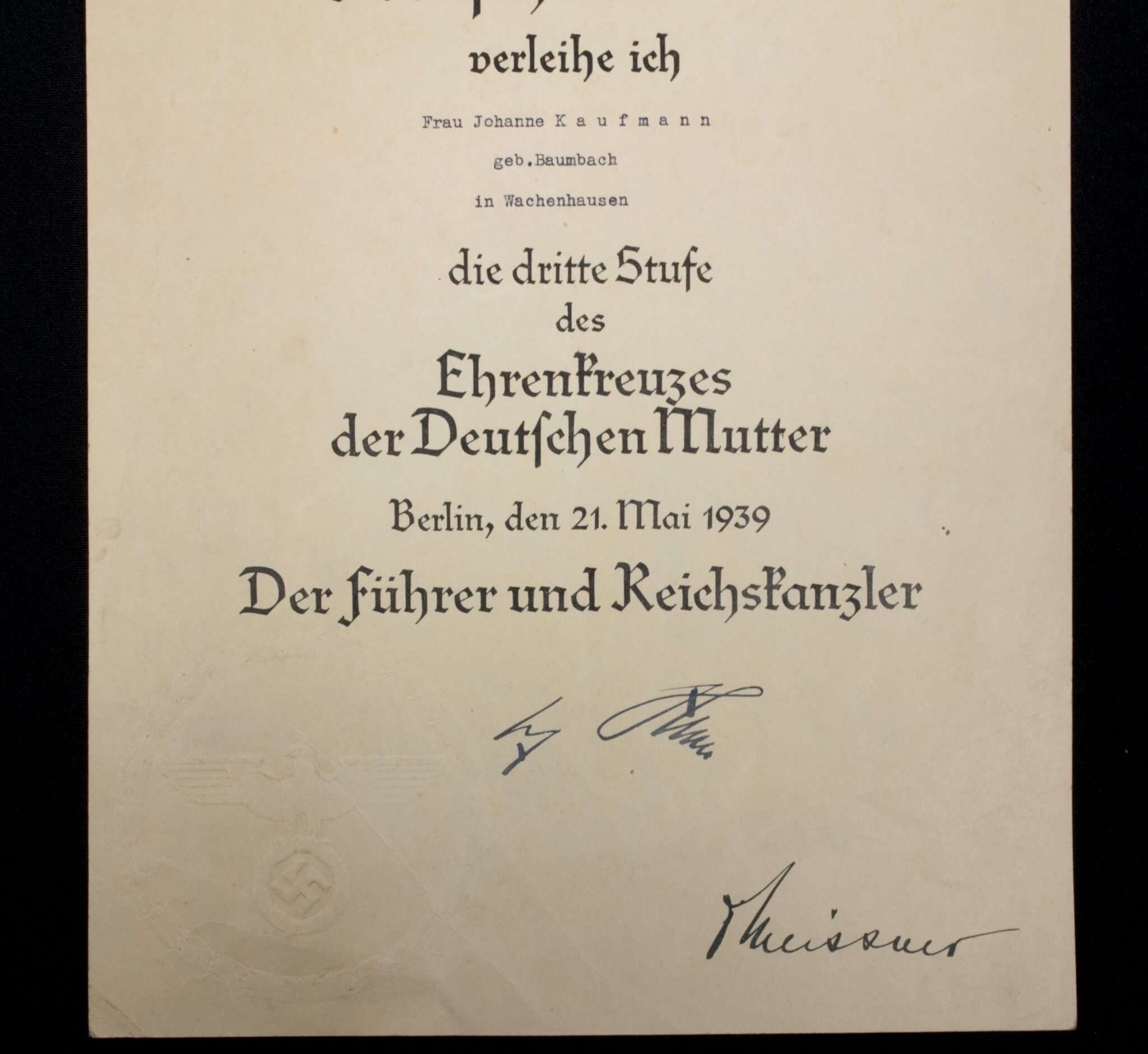 Mutterkreuz dritte Stufe Urkunde / Motherscross third class citation – 21. Mai 1939 — image 3