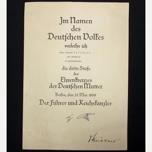 Mutterkreuz dritte Stufe Urkunde / Motherscross third class citation – …