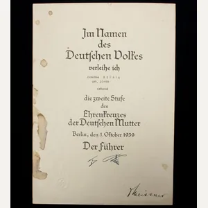 Mutterkreuz zweite Stufe Urkunde / Motherscross second class citation – …