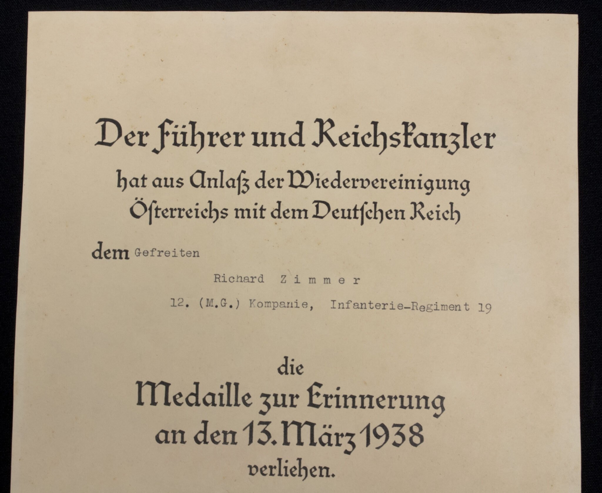 Medaille zur Erinnerung an den 13. März 1938 urkunde/citation — image 2