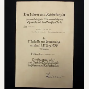 Medaille zur Erinnerung an den 13. März 1938 urkunde/citation