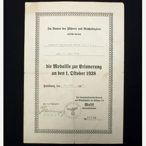 Medaille zur Erinnerung an den 1. Oktober 1938 urkunde/citation