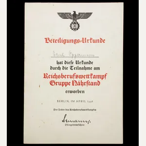 Hitlerjugend (HJ) Beteiligungsurkunde 1938