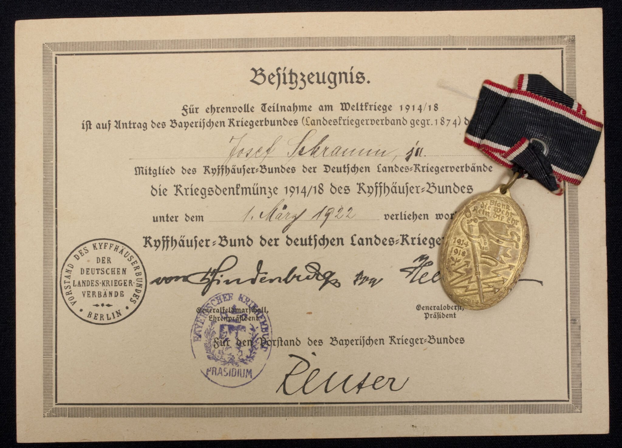 Kriegsdenkmünze 1914/1918 des Kyffhäuserbundes + Besitszeugnis — image 3