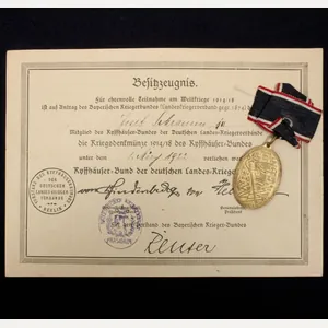 Kriegsdenkmünze 1914/1918 des Kyffhäuserbundes + Besitszeugnis