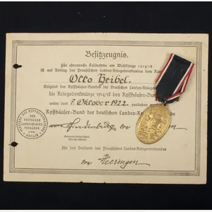 Kriegsdenkmünze 19141918 des Kyffhäuserbundes + Besitszeugnis