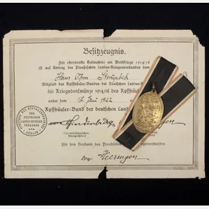 Kriegsdenkmünze 1914/1918 des Kyffhäuserbundes + Besitszeugnis